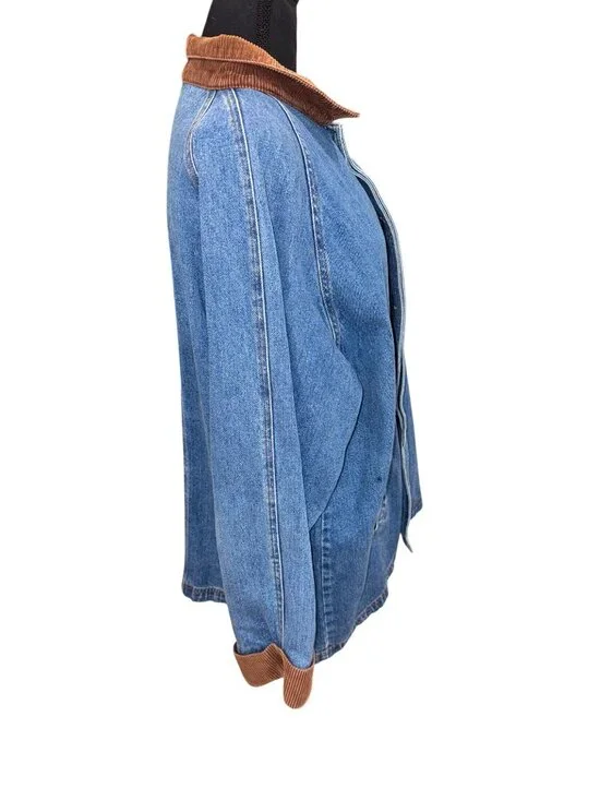 Vintage Retro 90s Denim Barn Chore Jacket Coat Corduroy Collar Cuff Womens L - Picture 3 of 9